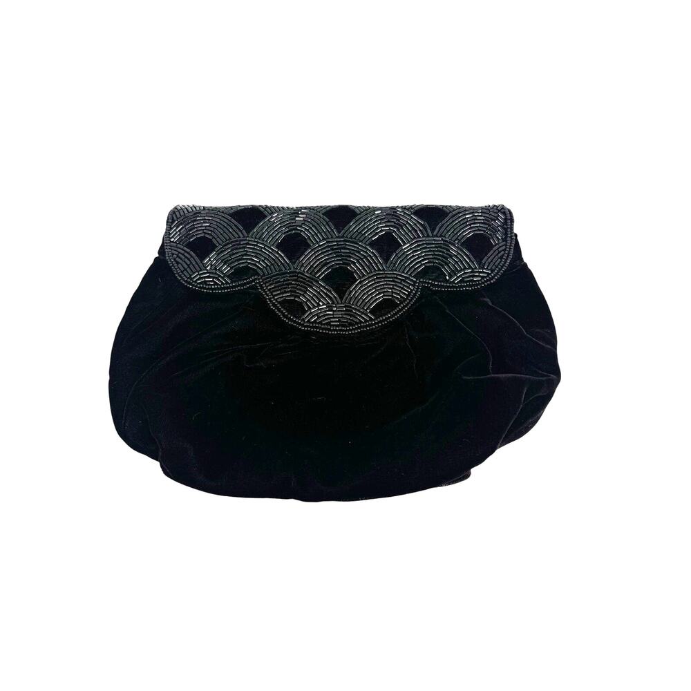 Black Velvet Clutch Beaded Asian Fishscale Pattern Evening Bag